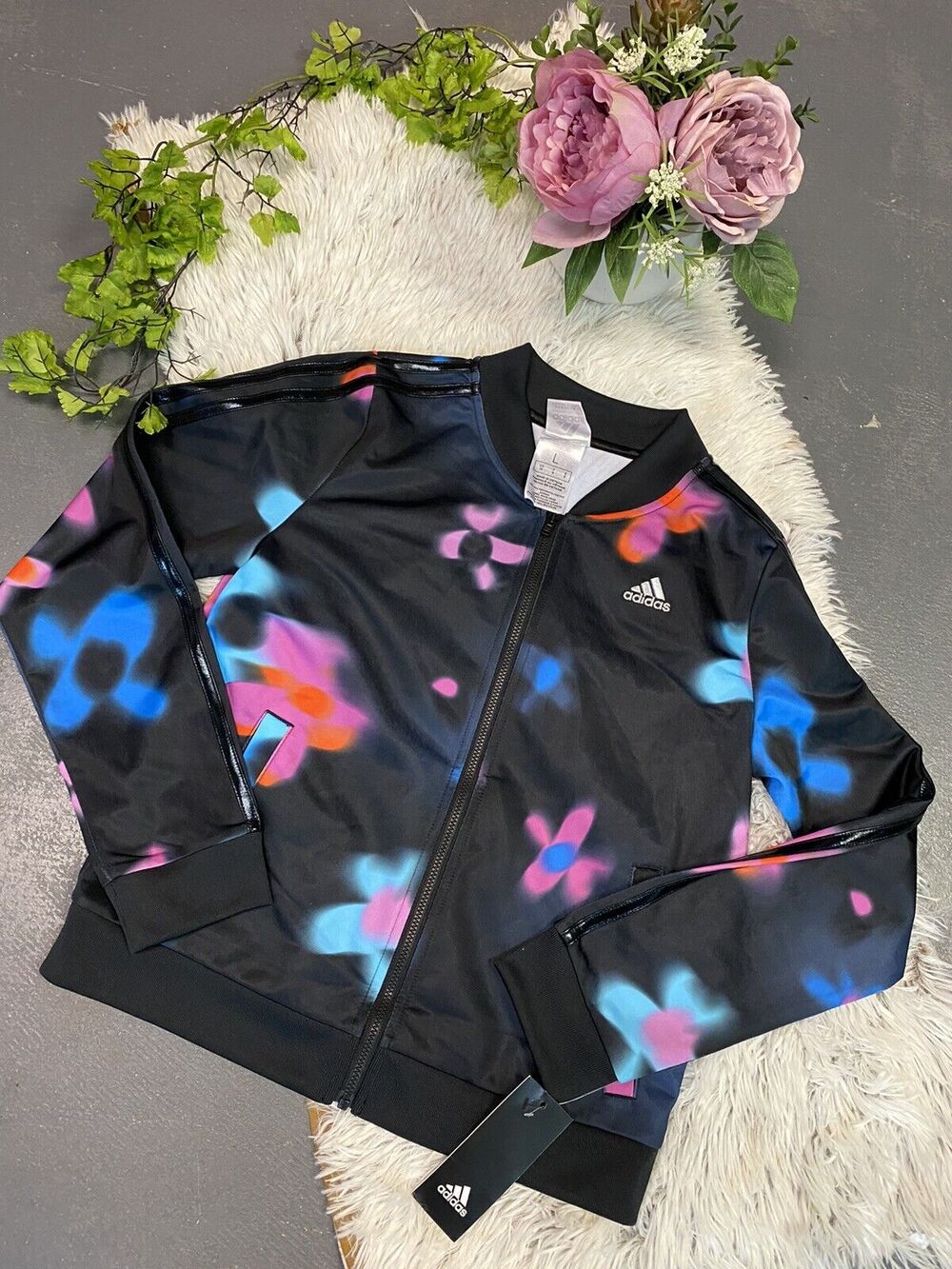 Adidas Girls Black Multi-Colored ZIPPER Sweater Size L (14) New with Tags $48